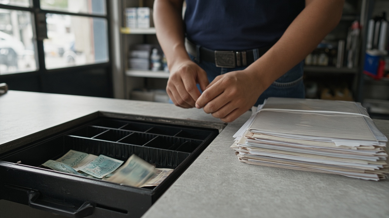 Caixa da loja ao lado das contas a receber